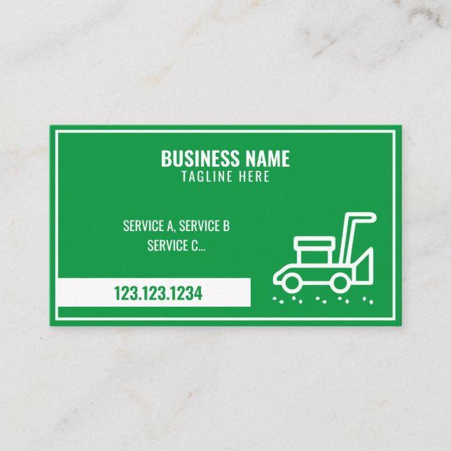 Simple Green & White Frame Lawnmower Grass Cutting Business Card (Front)