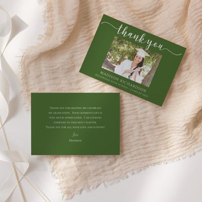 Simple Green & White Graduation Photo Thank You Card (Creator Uploaded)