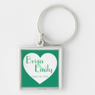 Simple green white heart customisable keychain