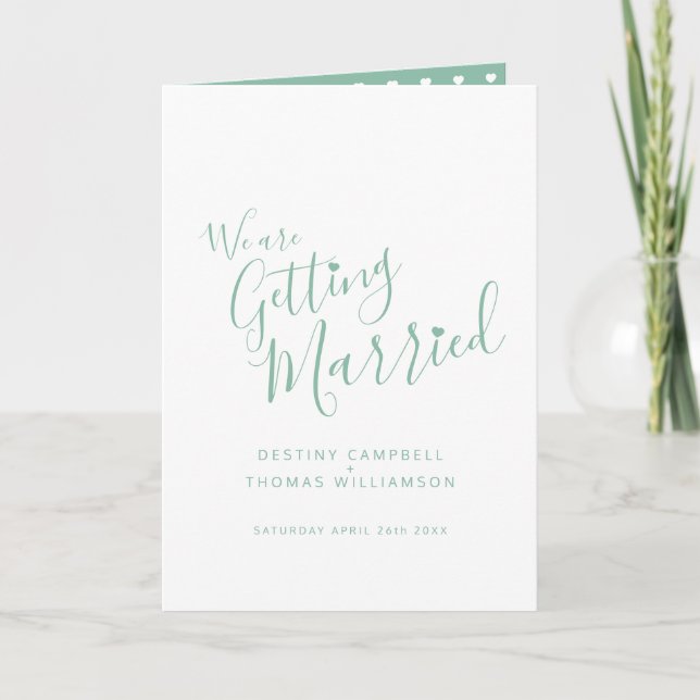 Simple green white text heart photo folded wedding invitation (Front)