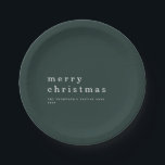 Simple Green White Typography Merry Christmas Paper Plate<br><div class="desc">Simple Green White Typography Merry Christmas. Fully customisable contemporary style for your holiday party table,  with your greeting larger in stylish lowercase with your names beneath. Easily personalise the text to your own details. Change text and background colours if you wish via he edit further option.</div>