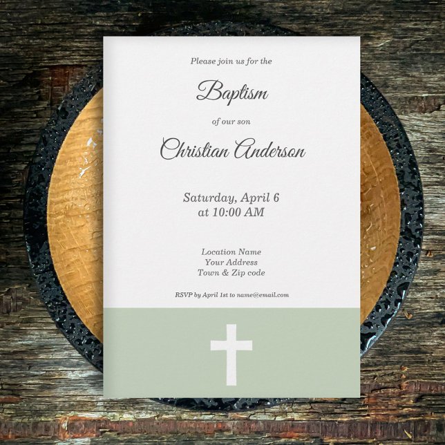 Simple, Green with a Cross Baptism Invitation (Green with a Cross Baptism Invitation)