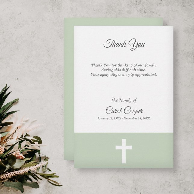 Simple, Green with a Cross Funeral Thank You Card (Simple, Green with a Cross Funeral Thank You Card)