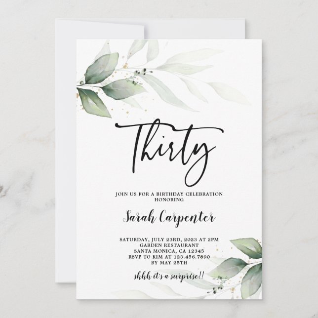 Simple Greenery 30th Birthday invitation (Front)