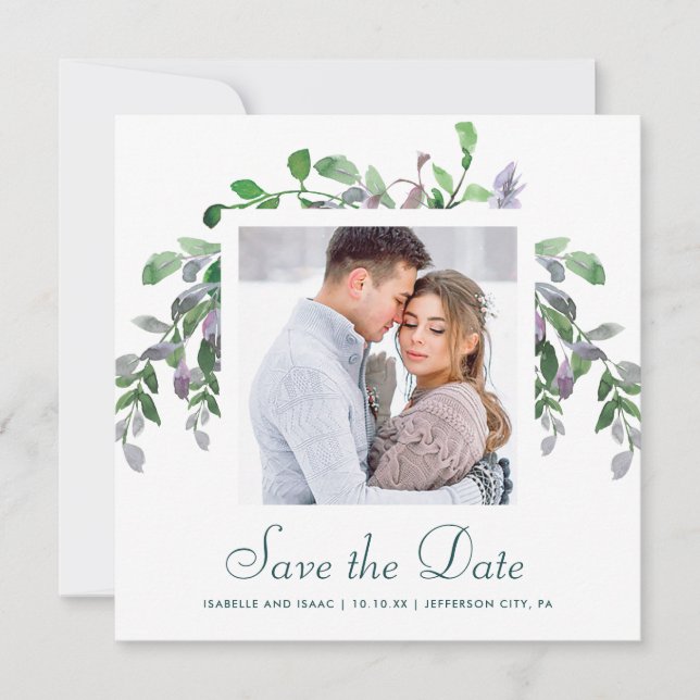 Simple Greenery and Foliage Photo Save The Date (Front)