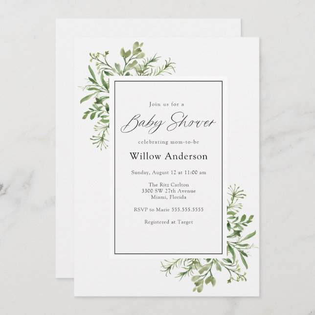 Simple Greenery Baby Shower Invitation (Front/Back)