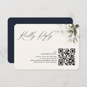 Simple Greenery Botanical Dark Navy QR Code RSVP Card