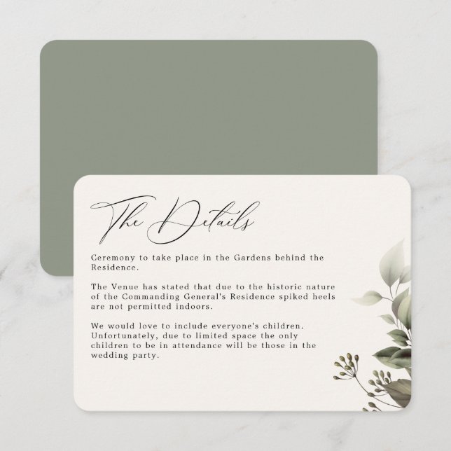 Simple Greenery Botanical Wedding Details Enclosure Card (Front/Back)