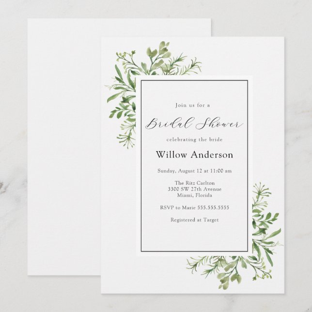 Simple Greenery Bridal Shower Invitation (Front/Back)