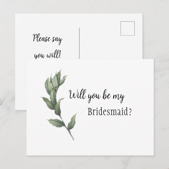 Simple Greenery Bridesmaid Proposal Postcard (Front/Back)