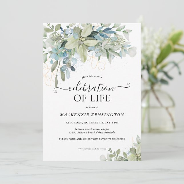 Simple Greenery Celebration of Life Memorial Invitation (Standing Front)