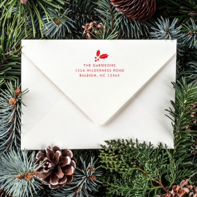 Simple Greenery Christmas Card Return Address Self-inking Stamp (A simple Christmas card return address self inking stamp with red ink and holly icon.)