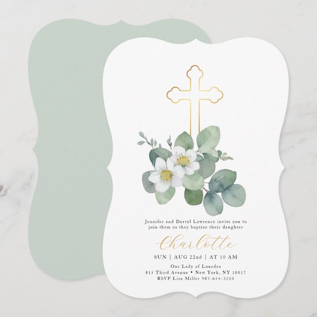 Simple Greenery Cross Baptism Religious Invitation (Front/Back)