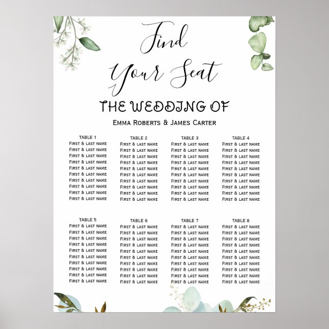 Simple Greenery Elegant Wedding Seating Chart (Front)