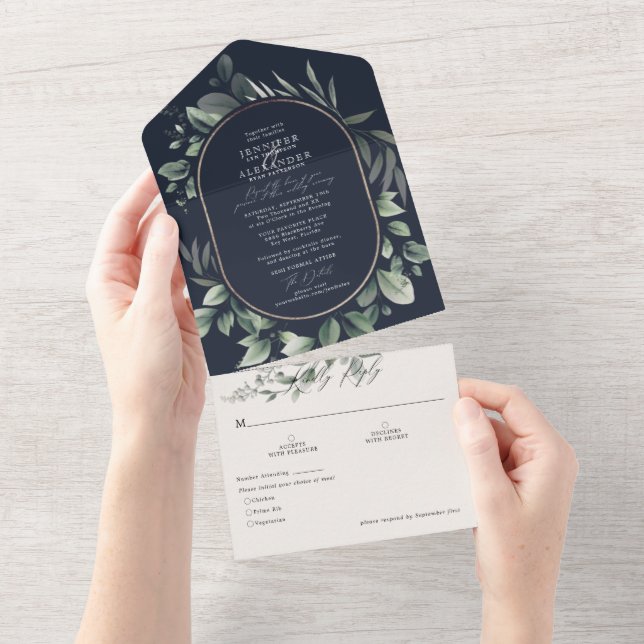 Simple Greenery Eucalyptus & Navy Wedding All In One Invitation (Tearaway)