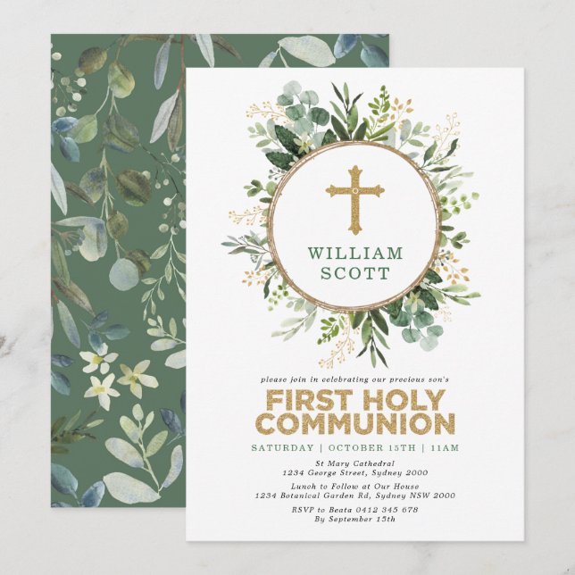Simple Greenery Gold Leaves First Holy Communion Invitation (Front/Back)