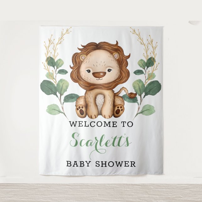 Simple Greenery Gold Lion Boy Baby Shower Welcome Tapestry (Front)