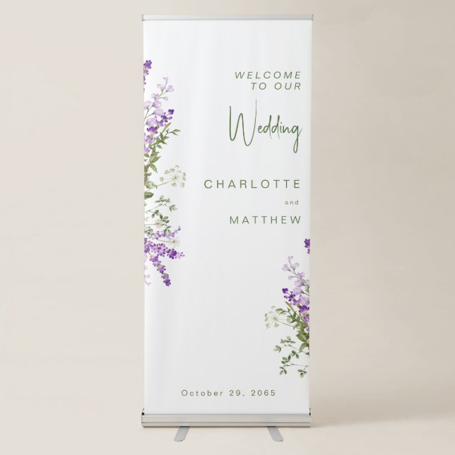 Simple Greenery Lavender Wedding White Welcome  Retractable Banner (Front)