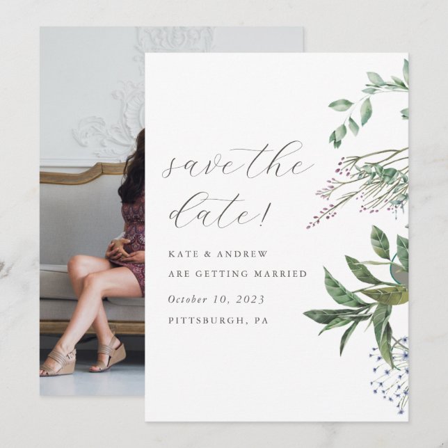 Simple Greenery Meadow Wedding Photo Save the Date (Front/Back)