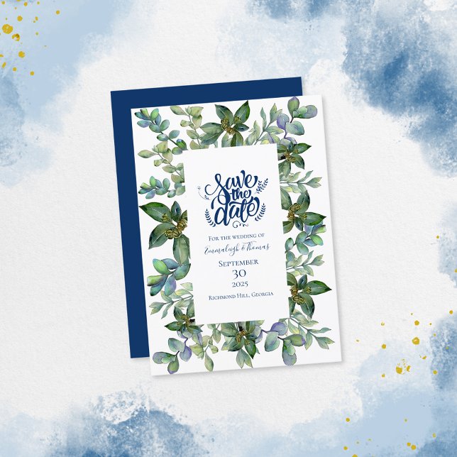 Simple Greenery Navy Blue Save the Date Invitation (Creator Uploaded)