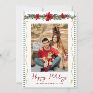 Simple Greenery Poinsettia Happy Holidays 1 Photo Holiday Card