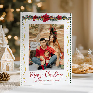 Simple Greenery Poinsettia Merry Christmas 1 Photo Holiday Card