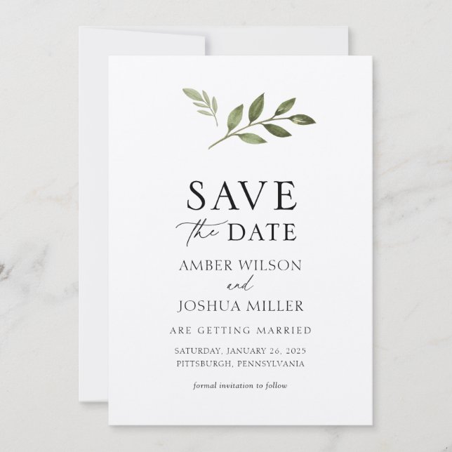 Simple Greenery Save the Date  Invitation (Front)