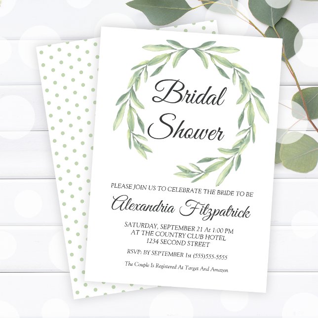 Simple Greenery Watercolor Wreath Bridal Shower Invitation (Simple Greenery Watercolor Wreath Bridal Shower Invitation)