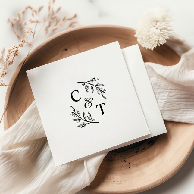 Simple Greenery  Wedding Monogram  Napkin (Simple Wedding Monogram Greenery Cocktail Party Napkins.)