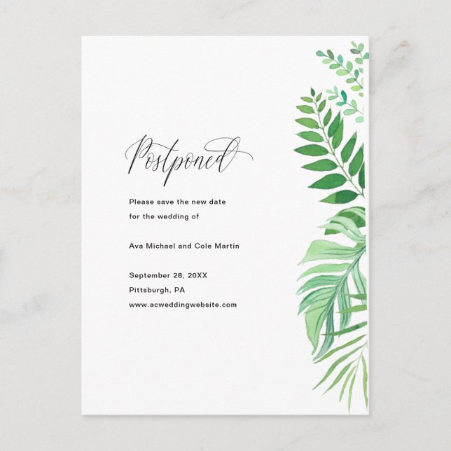 Simple Greenery Wedding Postponement Announcement Postcard (Front)