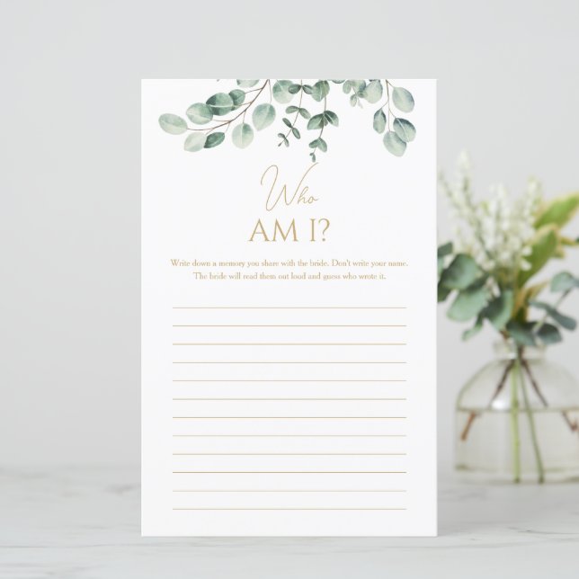Simple Greenery Who Am I Bridal Shower Game (Standing Front)