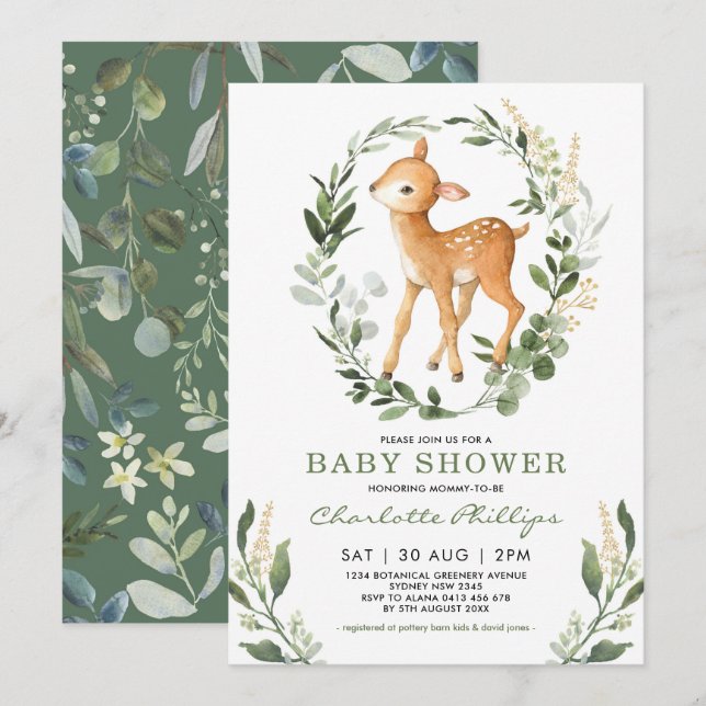 Simple Greenery Woodland Deer Neutral Baby Shower Invitation (Front/Back)