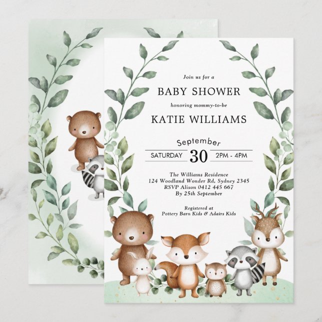 Simple Greenery Woodland Forest Animal Baby Shower Invitation (Front/Back)