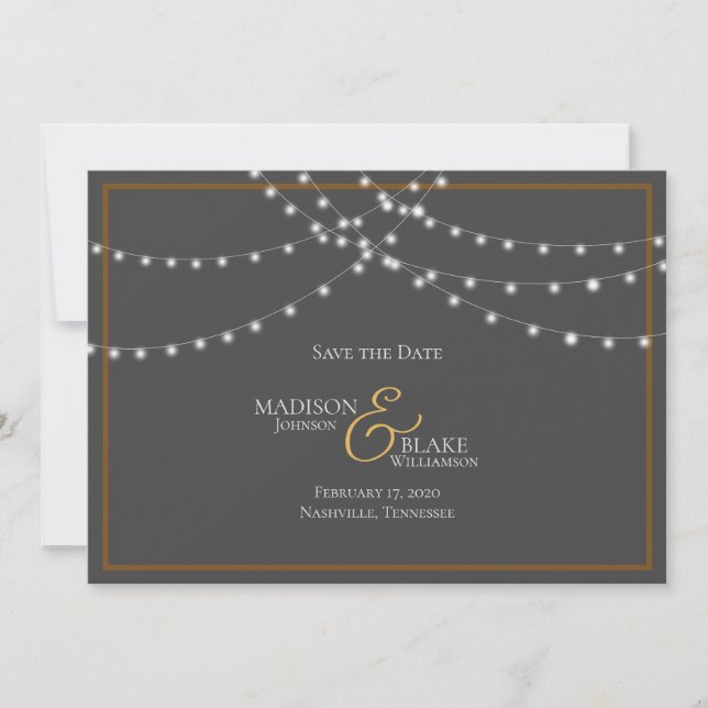 Simple Grey and Copper String Lights Save the Date (Front)