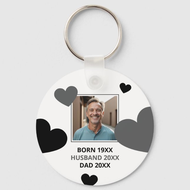 Simple Grey & Black Hearts Husband Keepsake Photo Key Ring (Front)