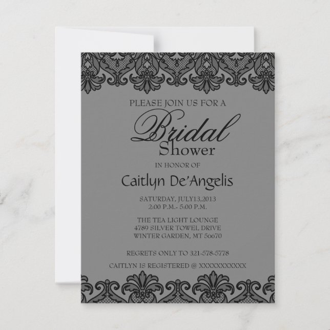 Simple Grey Black Lace Bridal Shower Invitation (Front)