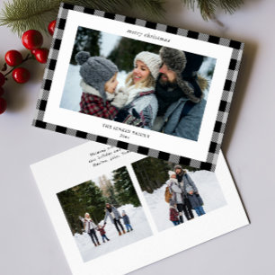 Simple Grey Black Plaid Border 3 Photos Christmas Holiday Card