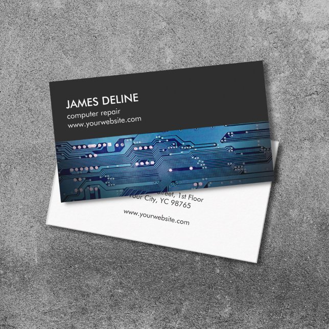 Simple Grey Blue Circuit Board Computer Repair Business Card (Creator Uploaded)