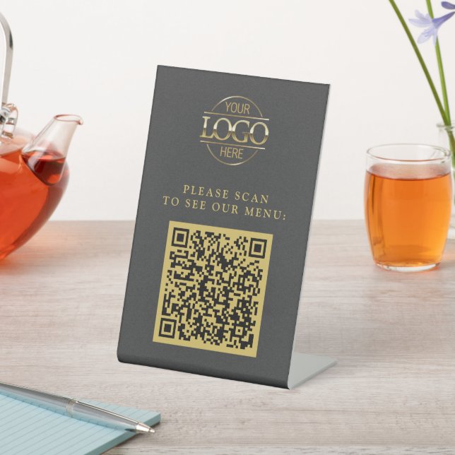 Simple Grey Custom Business Logo QR Code Menu  Pedestal Sign (In SItu)
