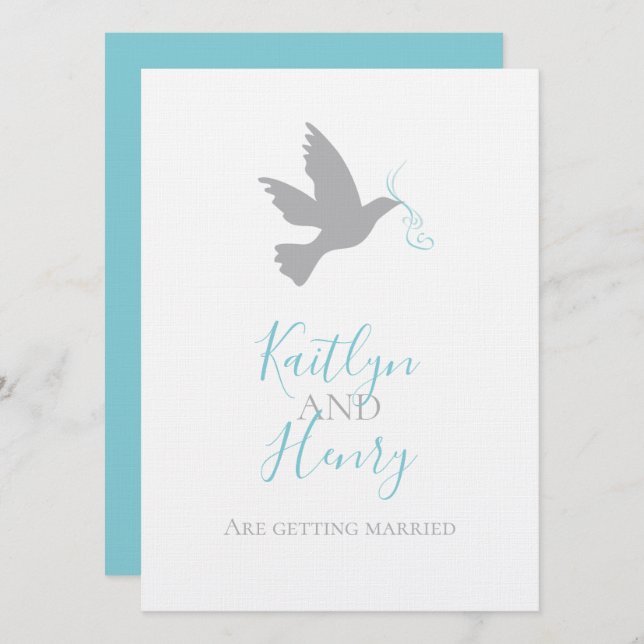 Simple grey dove with aqua blue ribbon wedding invitation (Front/Back)