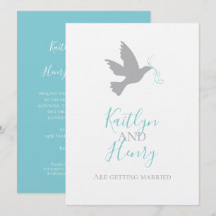 Simple grey dove with aqua blue ribbon wedding invitation