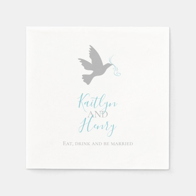 Simple grey dove with aqua blue ribbons wedding napkin (Front)