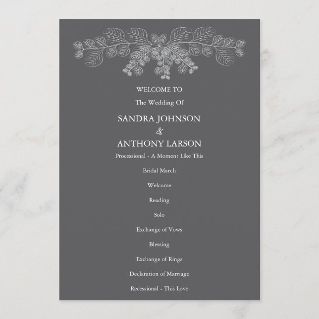 Simple Grey Eucalyptus Line Art Wedding  Programme (Front)