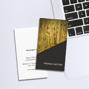 Simple Grey Gold Circuit Board Computer Repair Business Card