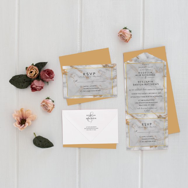 Simple Grey Gold Marble Agate Elegant All In One Invitation (Creator Uploaded)