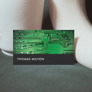 Simple Grey Green Circuit Board Computer Repair Business Card