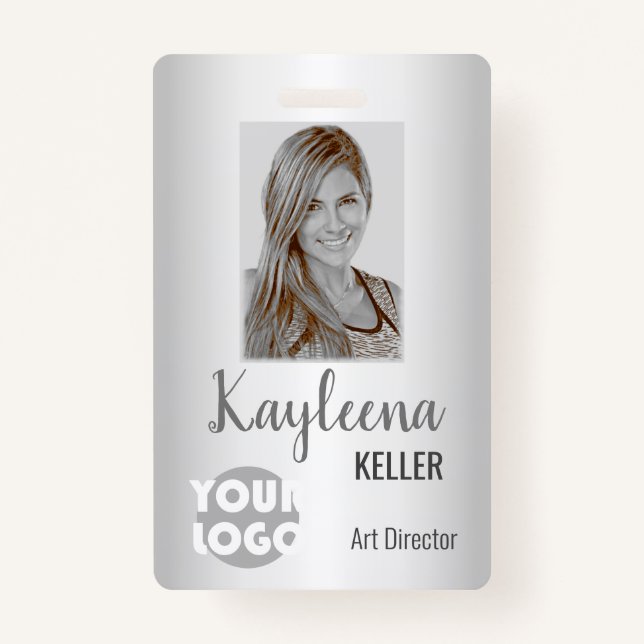 Simple Grey Grey Ombre Logo Barcode ID Photo Badge ID Badge (Front)
