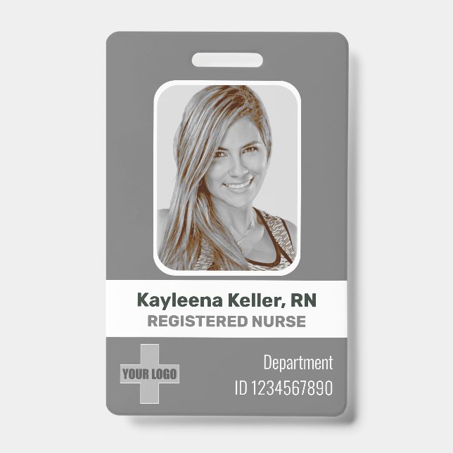 Simple Grey Grey White Photo Logo Barcode ID Nurse Badge (Front)