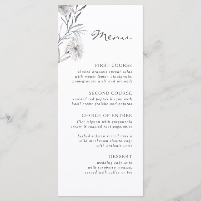 Simple grey Hand-drawn flower. Botanical Wedding Menu (Front)