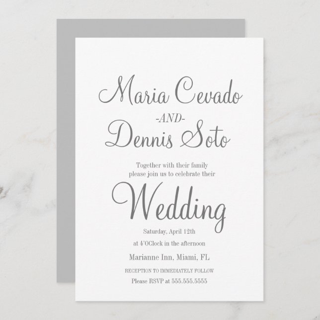 Simple Grey Lettering Script Wedding Invitation (Front/Back)